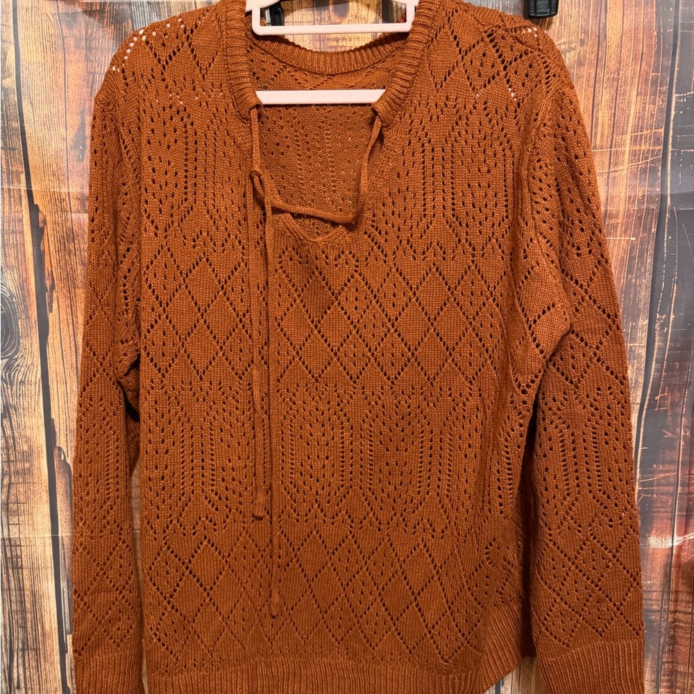 V-Neck Open Knit Sweater‎ in Burnt Orange